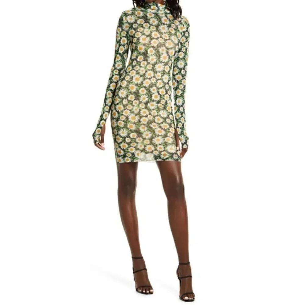 AFRM Women's Afrm Mari Print Long Sleeve Turtleneck Mesh Body-Con Dress Size S